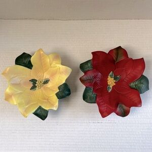 Vintage Poinsettia Party Lite Tea Light Holders - Red & Yellow Christmas Decor